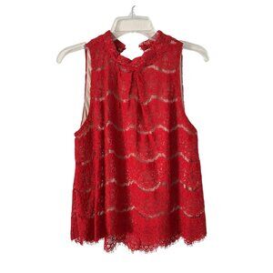 Love, Fire Red Floral Lace Sleeveless Top with Nude Lining – Size L